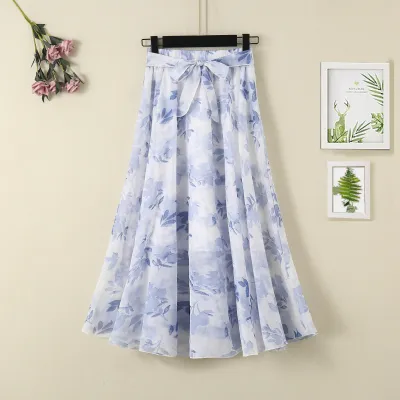 Women Chiffon Elegant Sweet Dating Spring High Waist Bohemia Vacation All Over Print Skirt