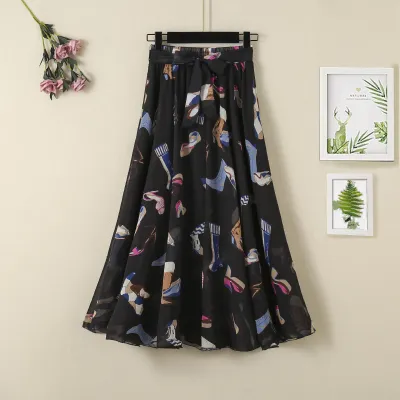 Women Chiffon Elegant Sweet Dating Spring High Waist Bohemia Vacation All Over Print Skirt