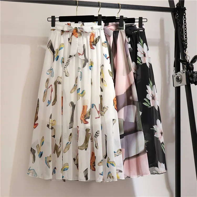 Women Chiffon Elegant Sweet Dating Spring High Waist Bohemia Vacation All Over Print Skirt
