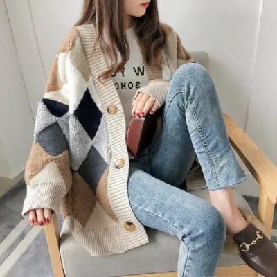 Women Casual Elegant Color Blocking Loose Long Sleeves Single-breasted Cardigan