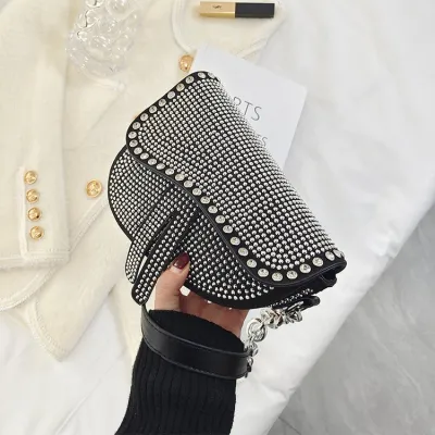 Women Elegant Rhinestone Inlay Solid Color Saddle Crossbody Bag
