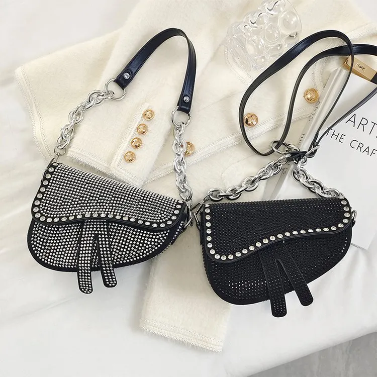 Women Elegant Rhinestone Inlay Solid Color Saddle Crossbody Bag