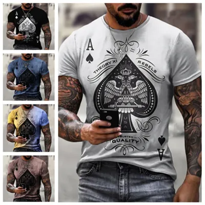Men Basic Short Sleeve Round Neck Playing Card Printing T-shirt