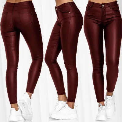 Women Solid Color PU Leather Casual Pants High Waist Tight Fit