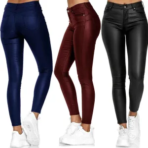 Women Solid Color PU Leather Casual Pants High Waist Tight Fit