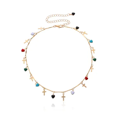 Unique Cross And Heart Pendant Necklace Alloy Women's Bamboo Chain