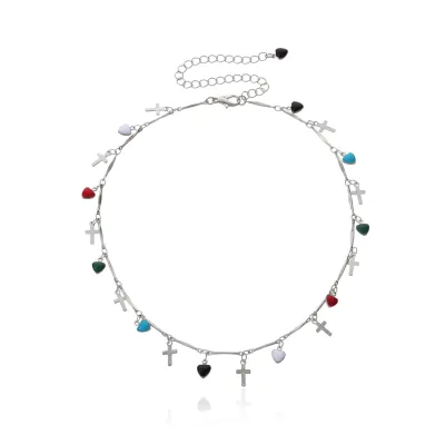 Unique Cross And Heart Pendant Necklace Alloy Women's Bamboo Chain