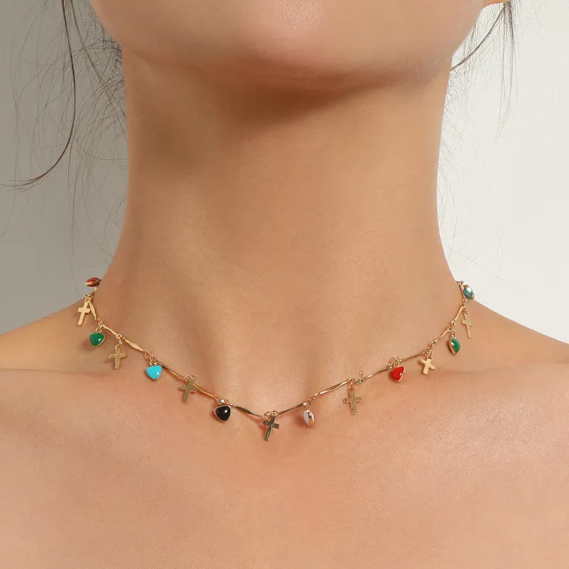 Unique Cross And Heart Pendant Necklace Alloy Women's Bamboo Chain
