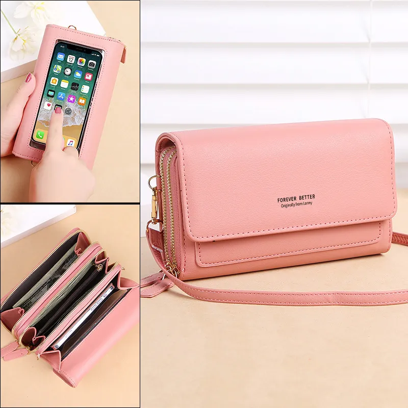 Solid Color Touch Screen Mobile Phone Crossbody Bag Purse with Zip Closure