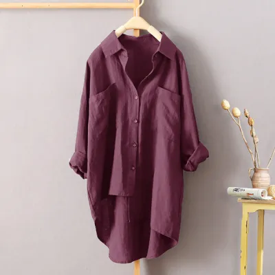 Women Casual Autumn Solid Color Pocket Long Sleeved Single-breasted Blouse