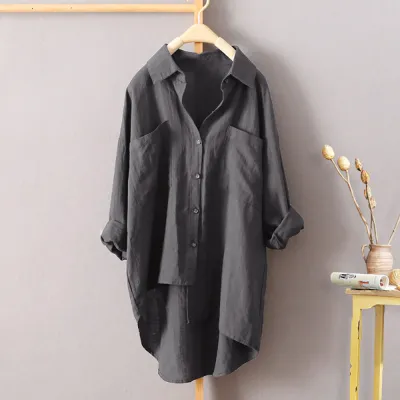 Women Casual Autumn Solid Color Pocket Long Sleeved Single-breasted Blouse