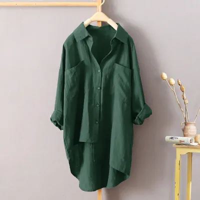 Women Casual Autumn Solid Color Pocket Long Sleeved Single-breasted Blouse