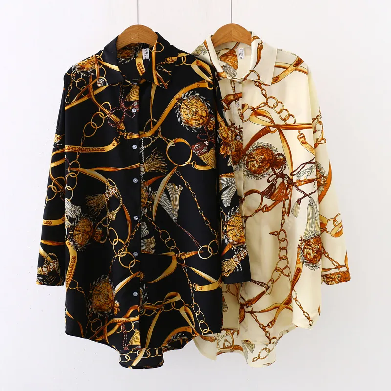 Women Casual Summer All Over Print Chiffon Long Sleeved Single-breasted Blouse