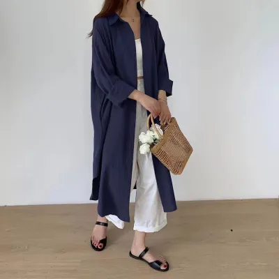 Women Casual Spring Loose Single-breasted Lapel Solid Color Cotton Linen Blouse