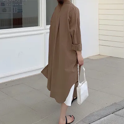 Women Casual Spring Loose Single-breasted Lapel Solid Color Cotton Linen Blouse