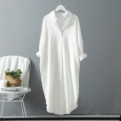 Women Casual Spring Loose Single-breasted Lapel Solid Color Cotton Linen Blouse