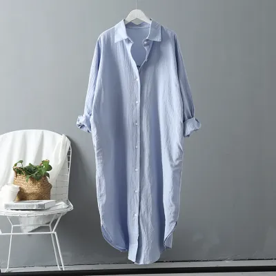 Women Casual Spring Loose Single-breasted Lapel Solid Color Cotton Linen Blouse