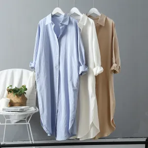 Women Casual Spring Loose Single-breasted Lapel Solid Color Cotton Linen Blouse