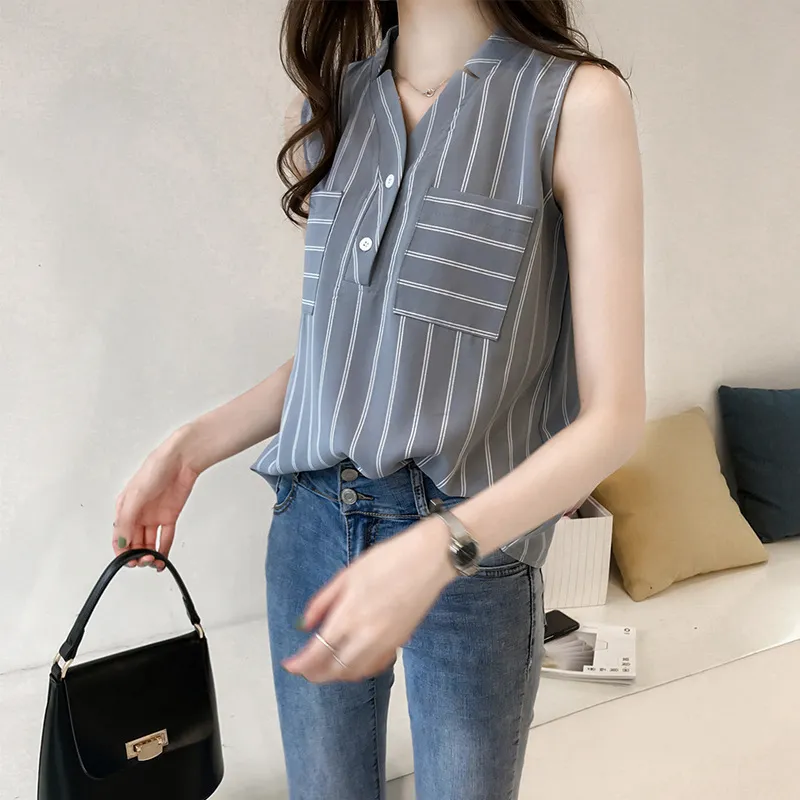 Women Casual Summer V-Neck Striped Sleeveless Loose Chiffon Blouse