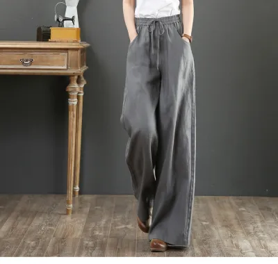 Women Casual Spring Loose High-waisted Solid Color Wide Leg Cotton Linen Pants
