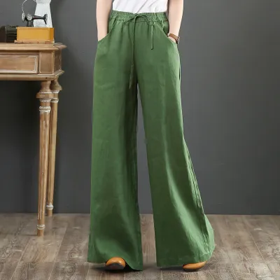 Women Casual Spring Loose High-waisted Solid Color Wide Leg Cotton Linen Pants