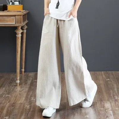 Women Casual Spring Loose High-waisted Solid Color Wide Leg Cotton Linen Pants
