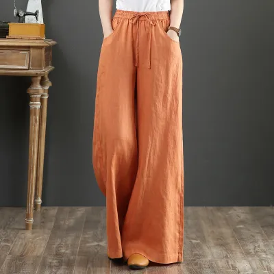 Women Casual Spring Loose High-waisted Solid Color Wide Leg Cotton Linen Pants