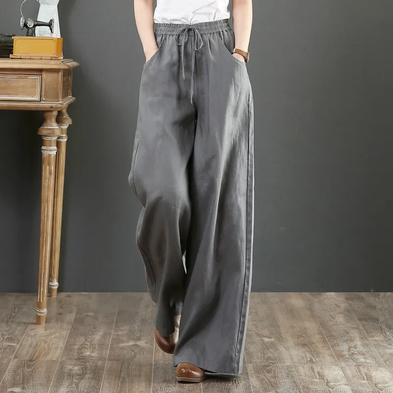 Women Casual Spring Loose High-waisted Solid Color Wide Leg Cotton Linen Pants