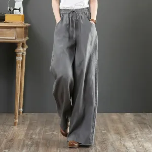 Women Casual Spring Loose High-waisted Solid Color Wide Leg Cotton Linen Pants