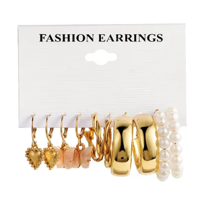 Cute Creative Geometric Butterfly Heart Design Acrylic Pearl Decoration Alloy Earring Set