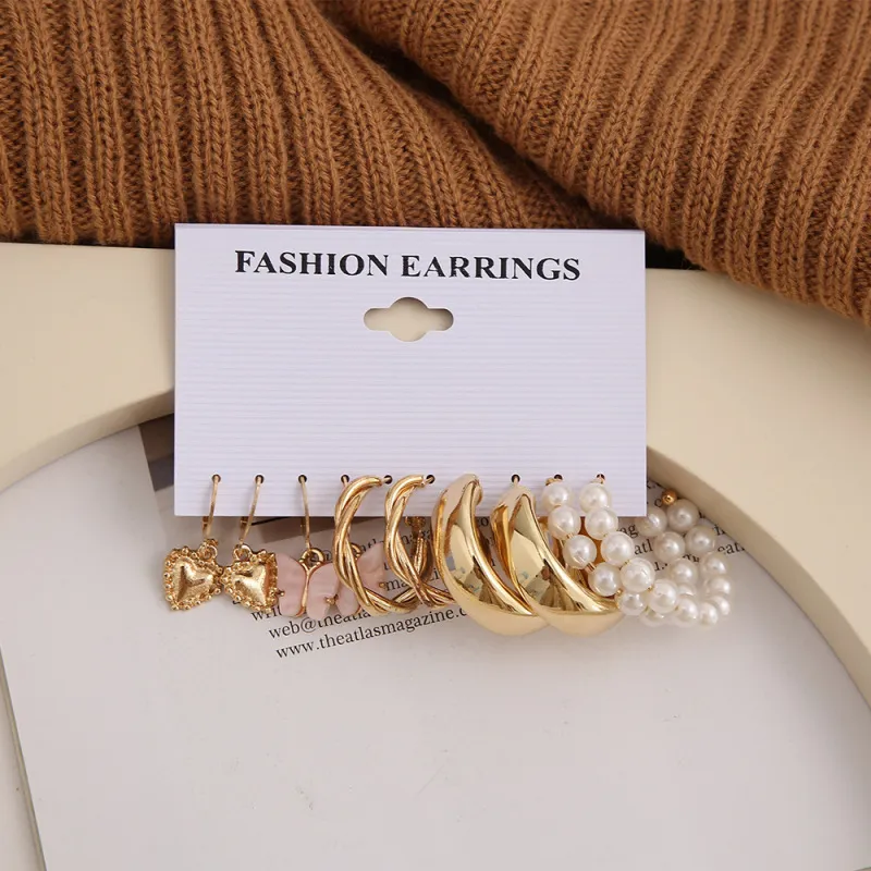 Cute Creative Geometric Butterfly Heart Design Acrylic Pearl Decoration Alloy Earring Set