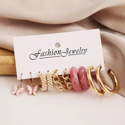 Creative Geometric Butterfly Design Acrylic Pearl Alloy Earring Set for Women