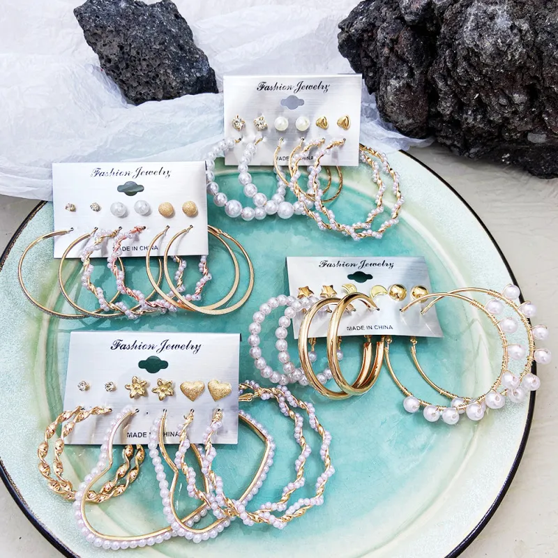 Temperament Geometric Design Pearl Decoration Alloy Earring Set Women's C Shape