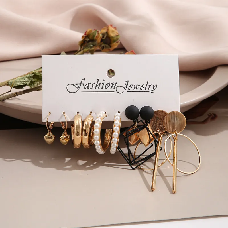 Temperament Vintage Geometric Design Pearl Decoration Alloy Earrings Set