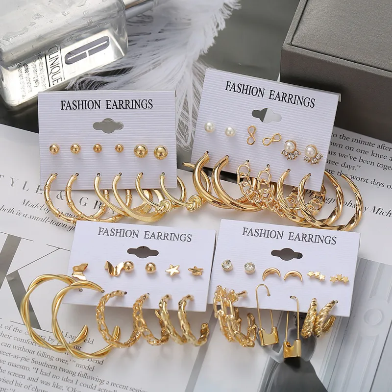 Temperament Creative Geometric Design Pearl Decoration Alloy Earrings Set