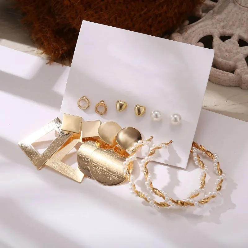 Creative Irregular Geometric Shape Design Pearl Alloy Earring Set
