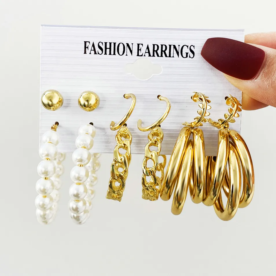 Creative Irregular Geometric Shape Pearl Alloy Earring Set for Women