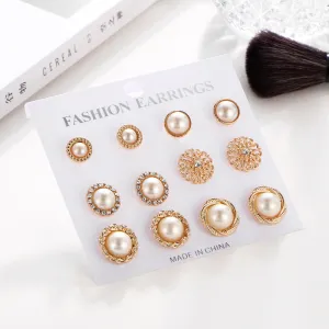 Geometric Shape Design Imitation Pearl Rhinestone Alloy Earring Set for Women