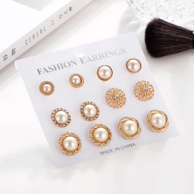 Geometric Shape Design Imitation Pearl Rhinestone Alloy Earring Set for Women