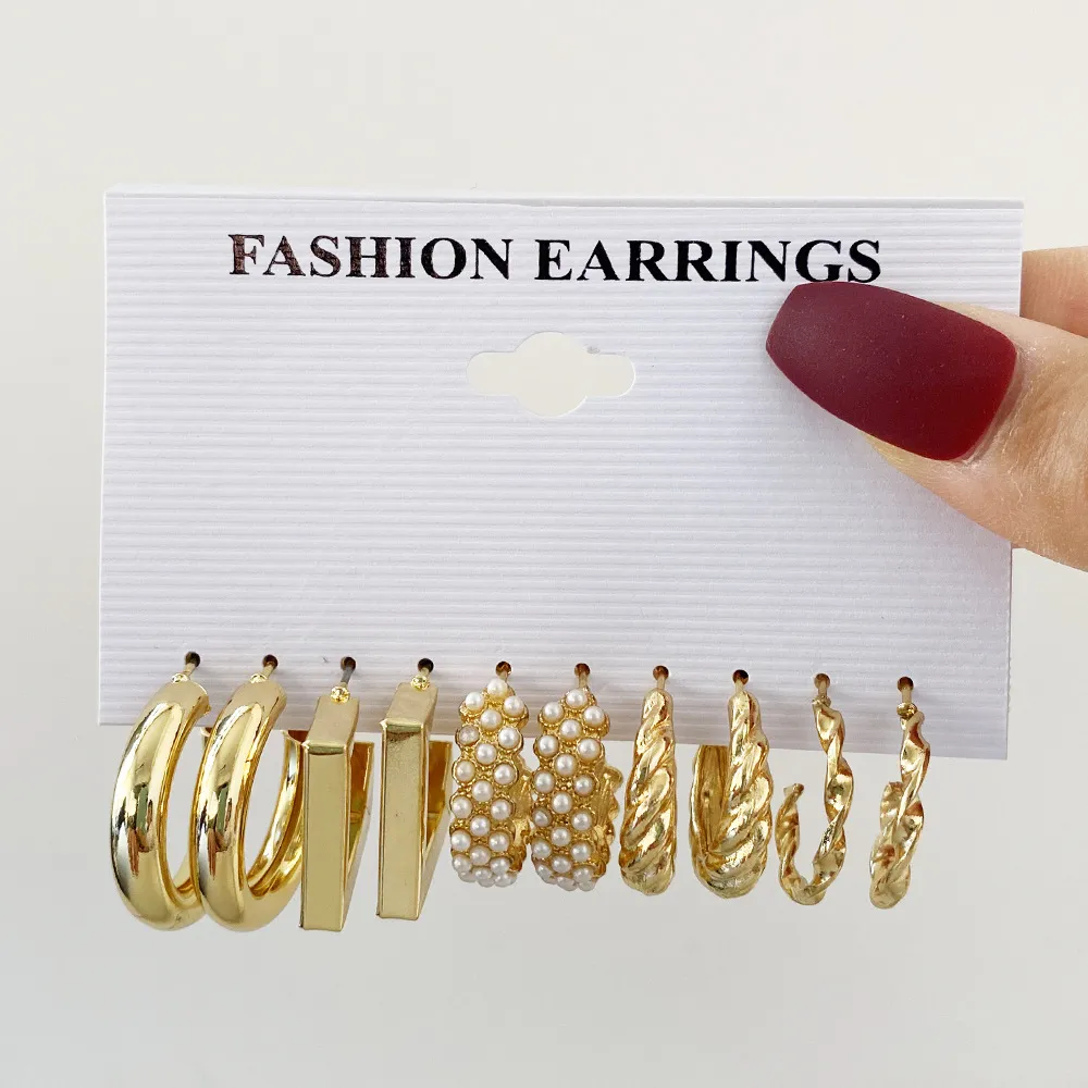 Temperament Irregular Geometric Design Pearl Decoration Alloy Earring Set