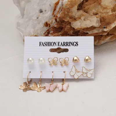 Cute Butterfly Pendant Pearl Alloy Earring Set