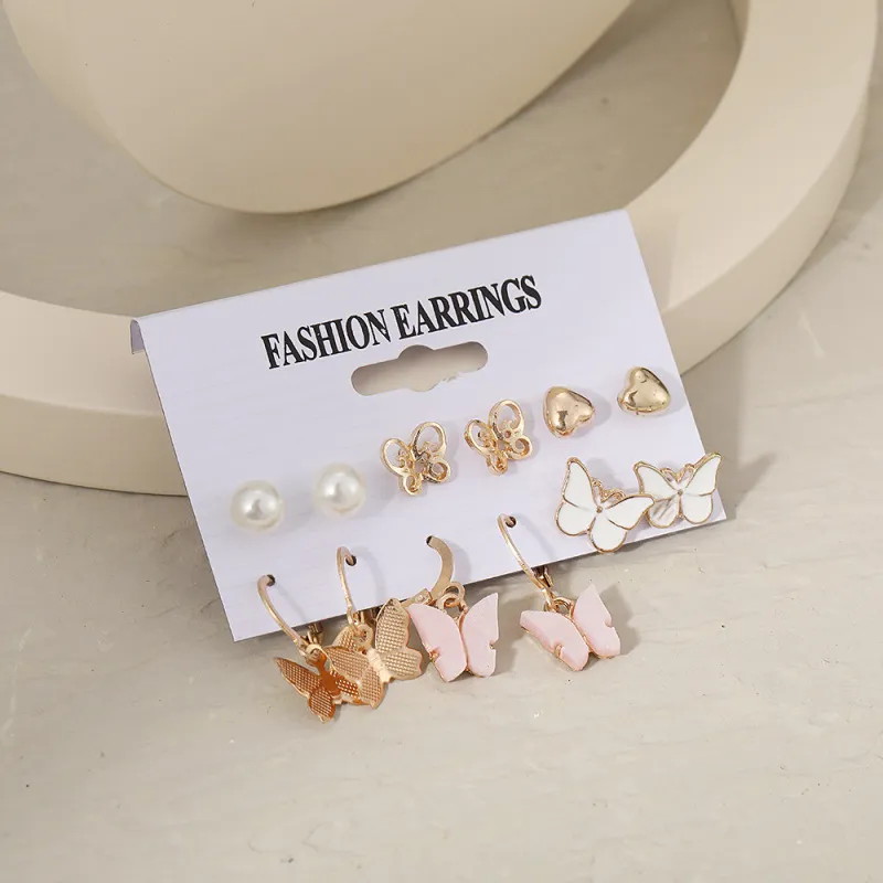 Cute Butterfly Pendant Pearl Alloy Earring Set
