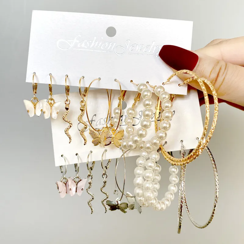 Women's Alloy Irregular Butterfly Snake Pendant Pearl Earring Set