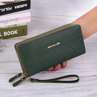 Women Quilted PU Leather Vintage Zipper Wallet Multi-Card Large Capacity Solid Color Purse