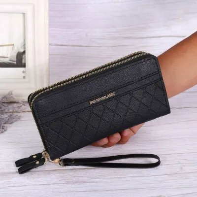 Women Quilted PU Leather Vintage Zipper Wallet Multi-Card Large Capacity Solid Color Purse
