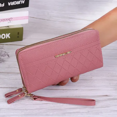 Women Quilted PU Leather Vintage Zipper Wallet Multi-Card Large Capacity Solid Color Purse