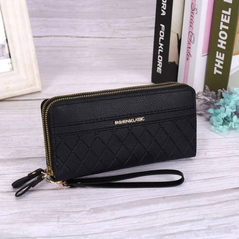 Women Quilted PU Leather Vintage Zipper Wallet Multi-Card Large Capacity Solid Color Purse