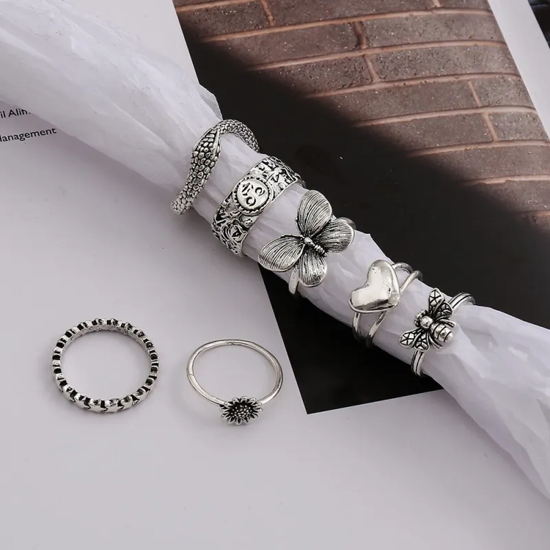 Vintage Geometric Butterfly Animal Design Unisex Alloy Ring Set