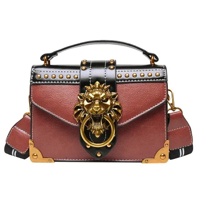Women Vintage Rivet Design Color Blocking PU Shoulder Handle Bag