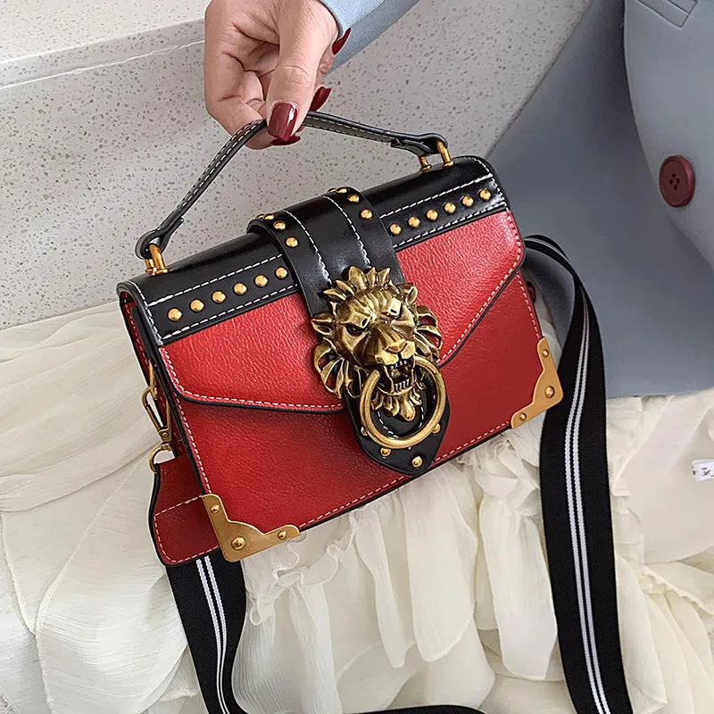Women Vintage Rivet Design Color Blocking PU Shoulder Handle Bag